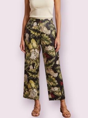 Anne Carson Tropical Jungle Leopard Print Silk Pants Cropped Size 16